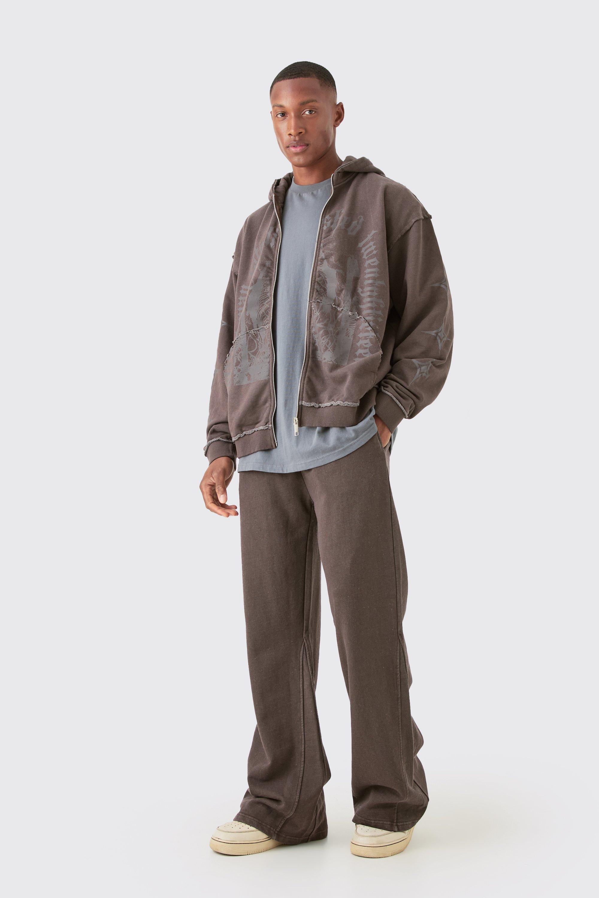 Mens Brown Oversized Boxy Raw Seam Washed Tracksuit, Brown Product Image