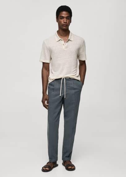 MANGO MAN - Linen-blend slim-fit pants with drawstring indigo blueMen Product Image