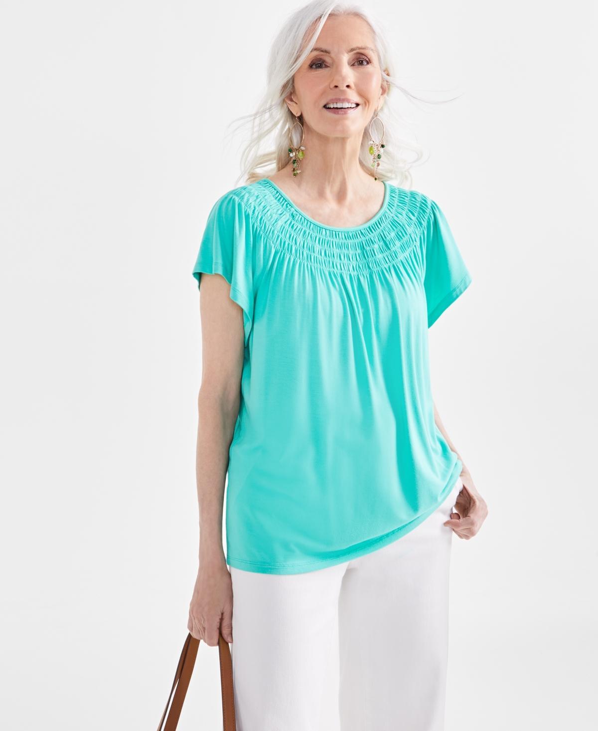 Style & Co Womens Short-Sleeve Smocked-Neck Knit Top, Created for Macys Product Image