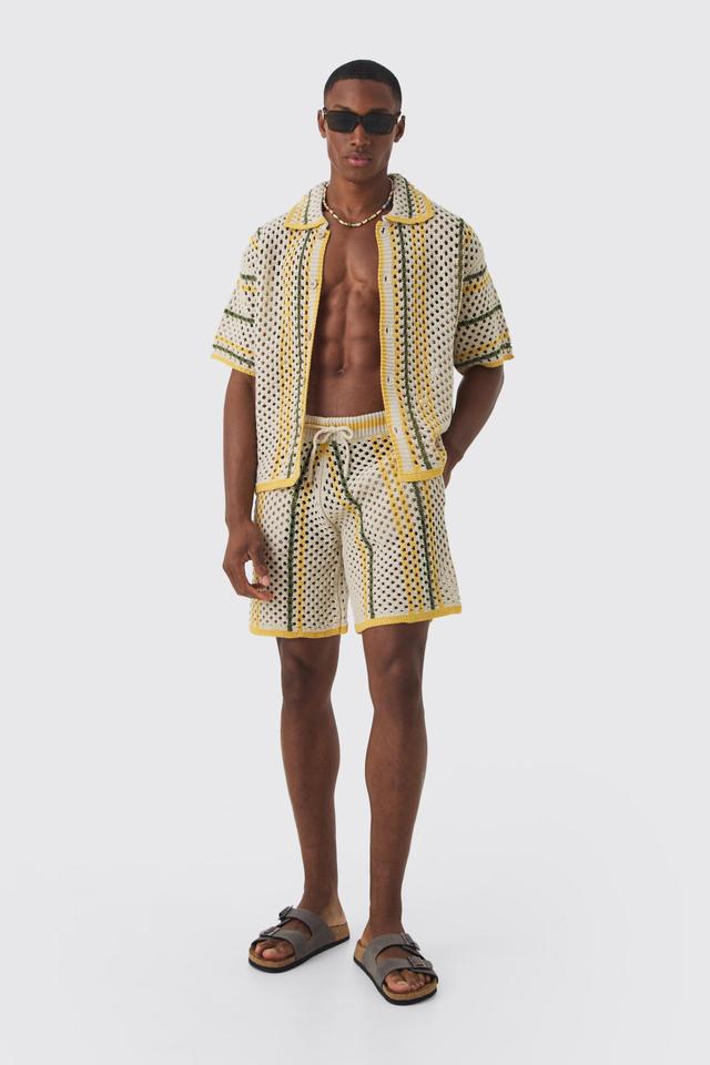 Oversized Boxy Open Stitch Stripe Shirt Short Set With Drawcords | boohooMAN USA Product Image