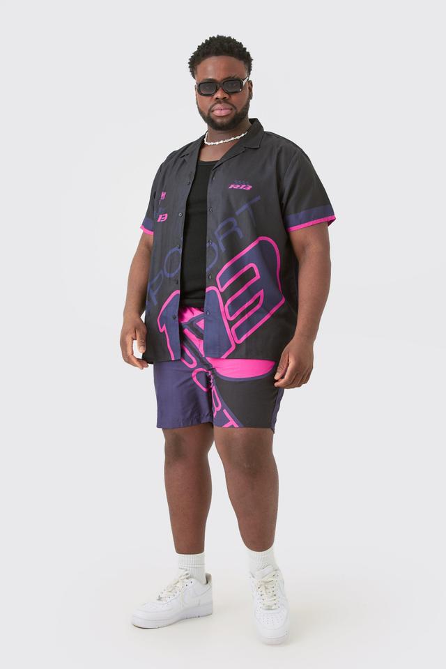 Plus Regular Moto Print Shirt & Swim Short Set | boohooMAN USA Product Image