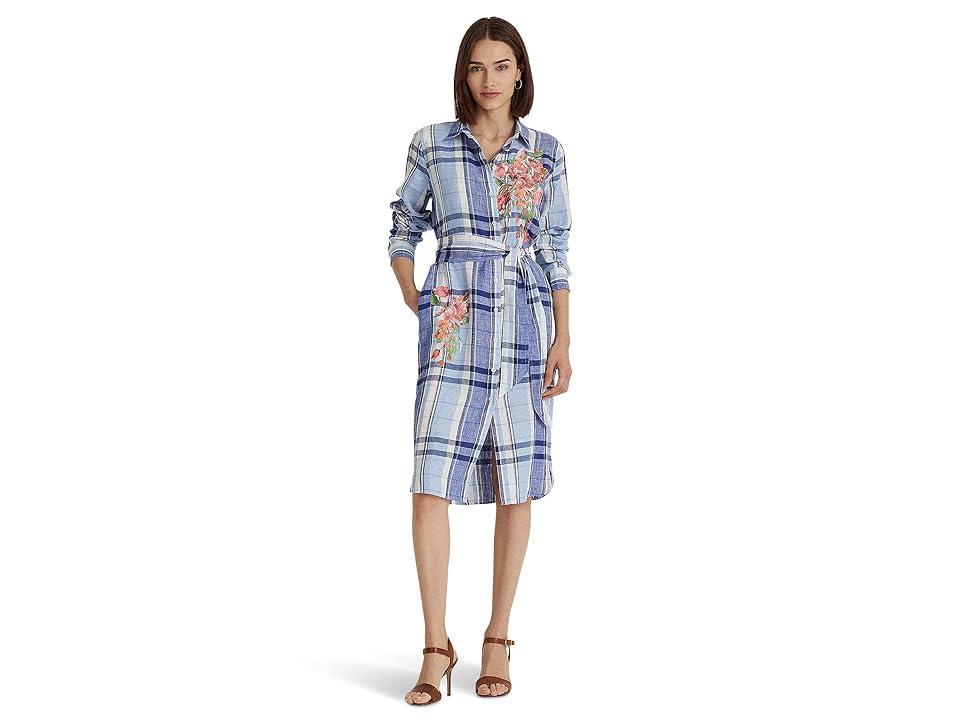 LAUREN Ralph Lauren Petite Floral Plaid Linen Shirtdress (Blue/White) Women's Clothing Product Image