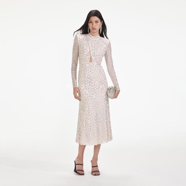 Champagne Rhinestone Mesh Midi Dress Product Image