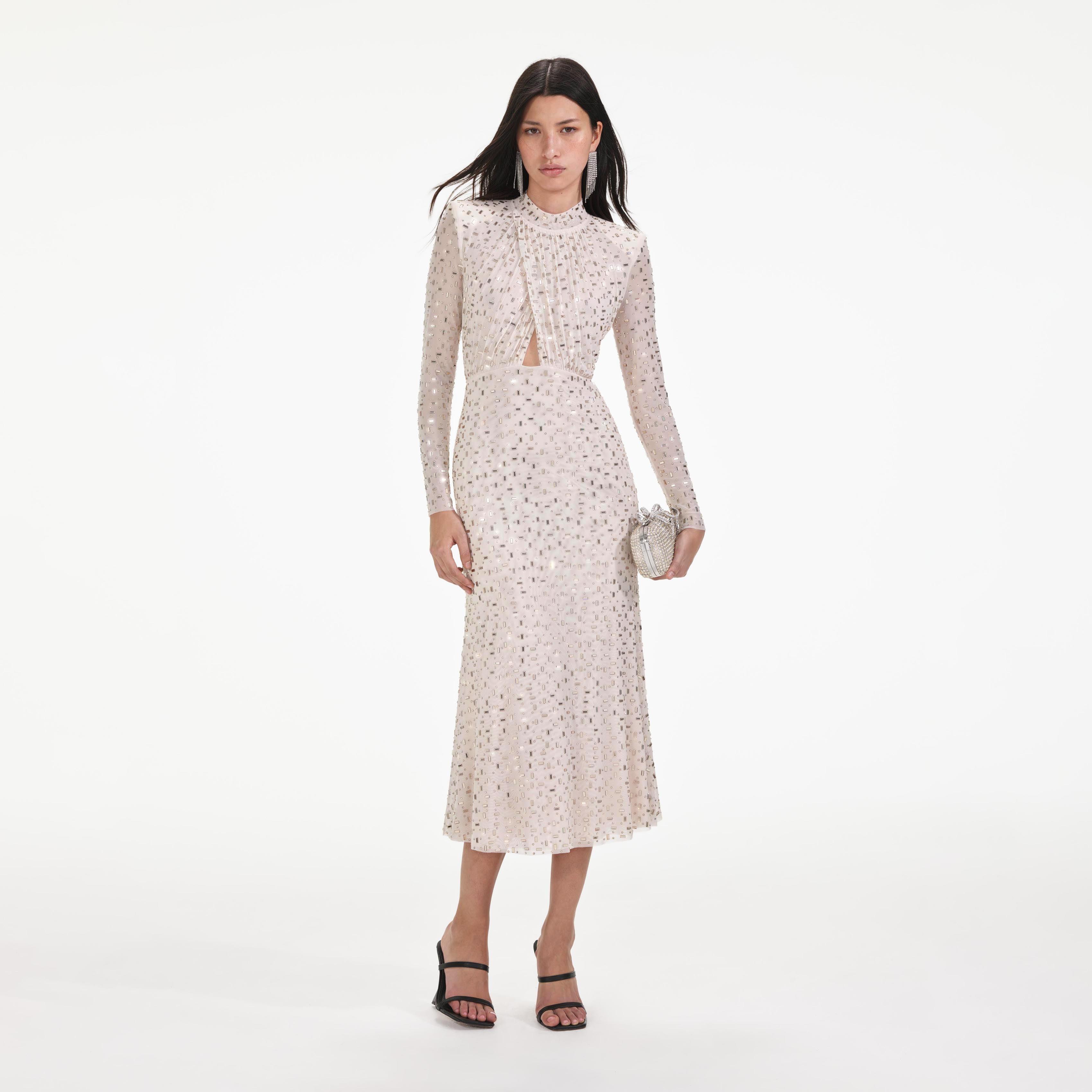 Champagne Rhinestone Mesh Midi Dress Product Image