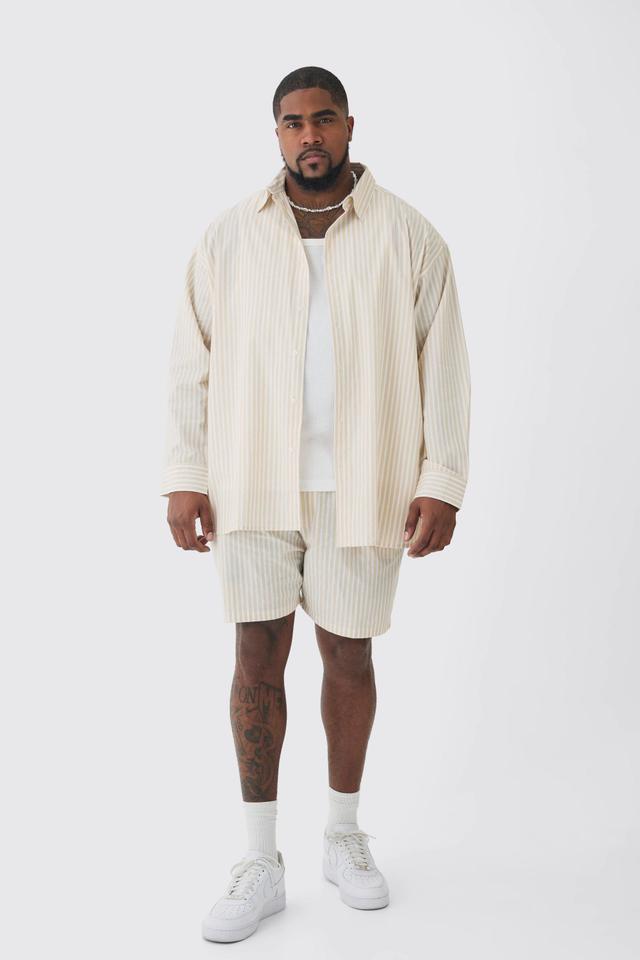 Plus Oversized Long Sleeve Striped Shirt Set In Stone | boohooMAN USA Product Image