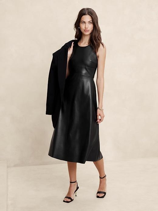 Vegan Leather Paneled Midi Dress Product Image