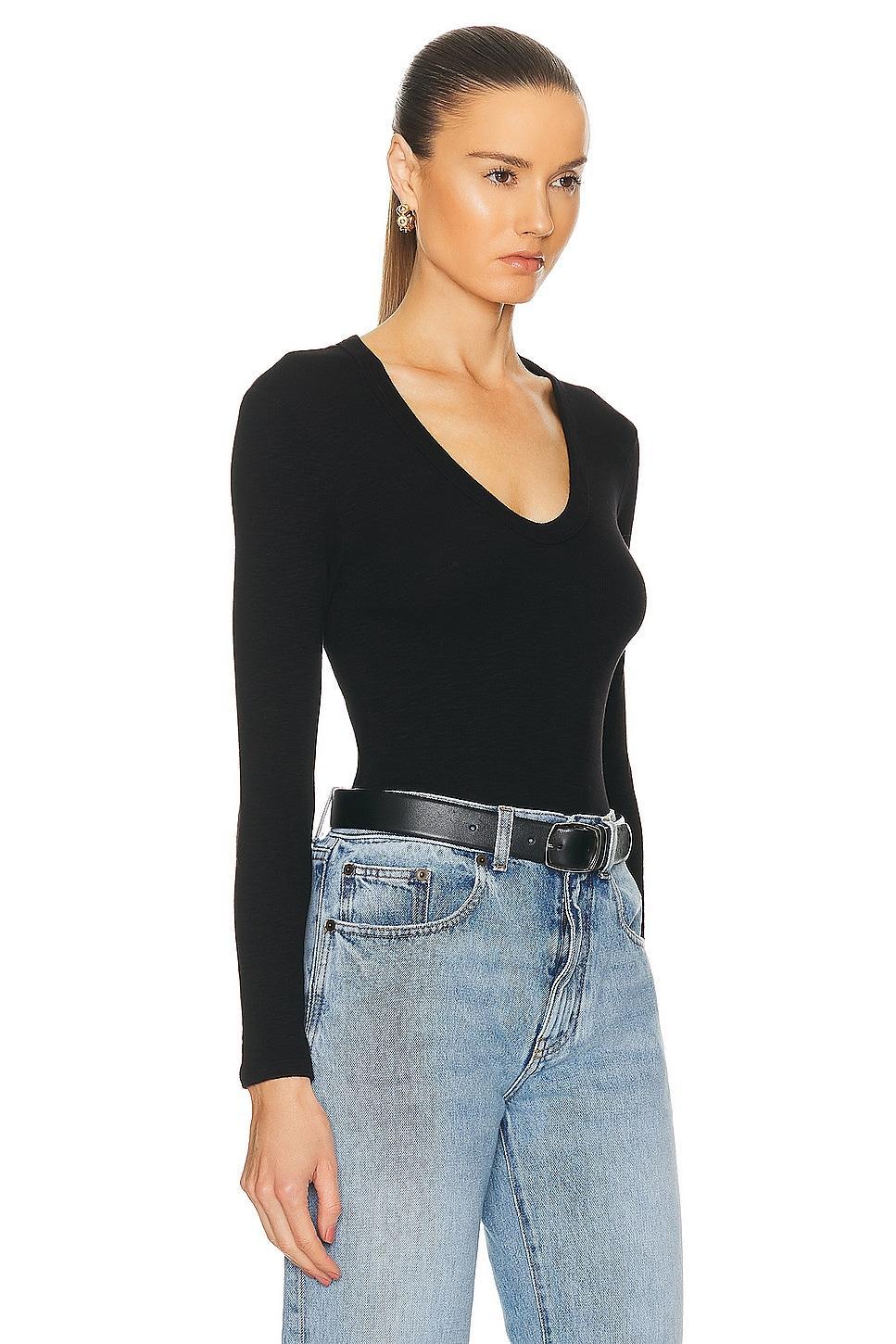 Enza Costa Textured Rib Long Sleeve U Top Black. (also in XS). Product Image