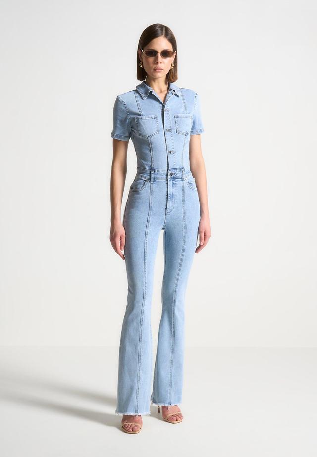 Mini Flared Denim Jumpsuit - Mid Blue Female Product Image