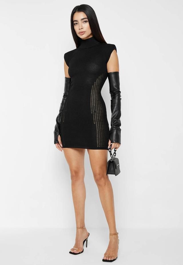 Knitted Contour Dress with Vegan Leather Sleeves - Black Female Product Image