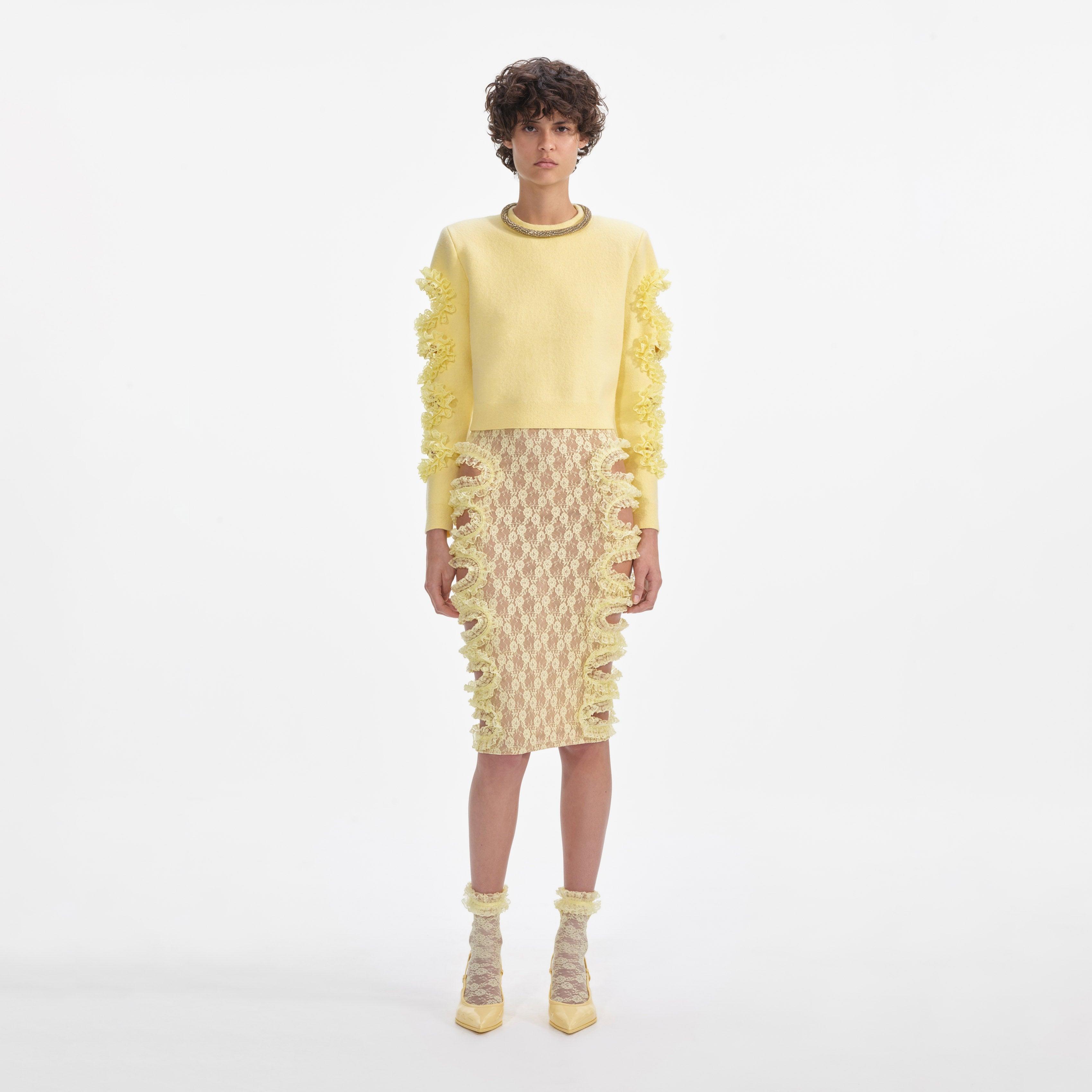 Yellow Lace Cut Out Midi Skirt Product Image