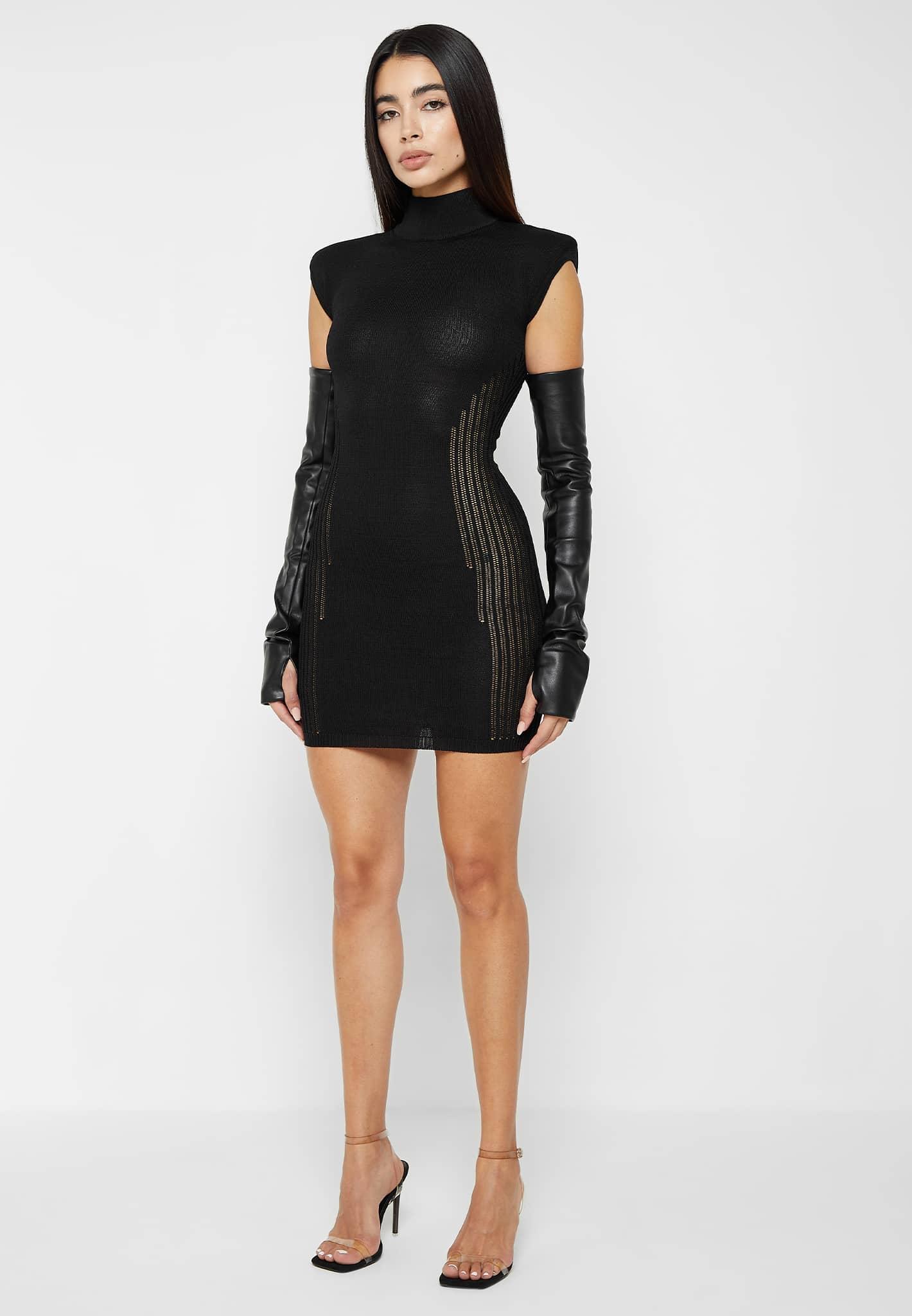 Knitted Contour Dress with Vegan Leather Sleeves - Black Female Product Image