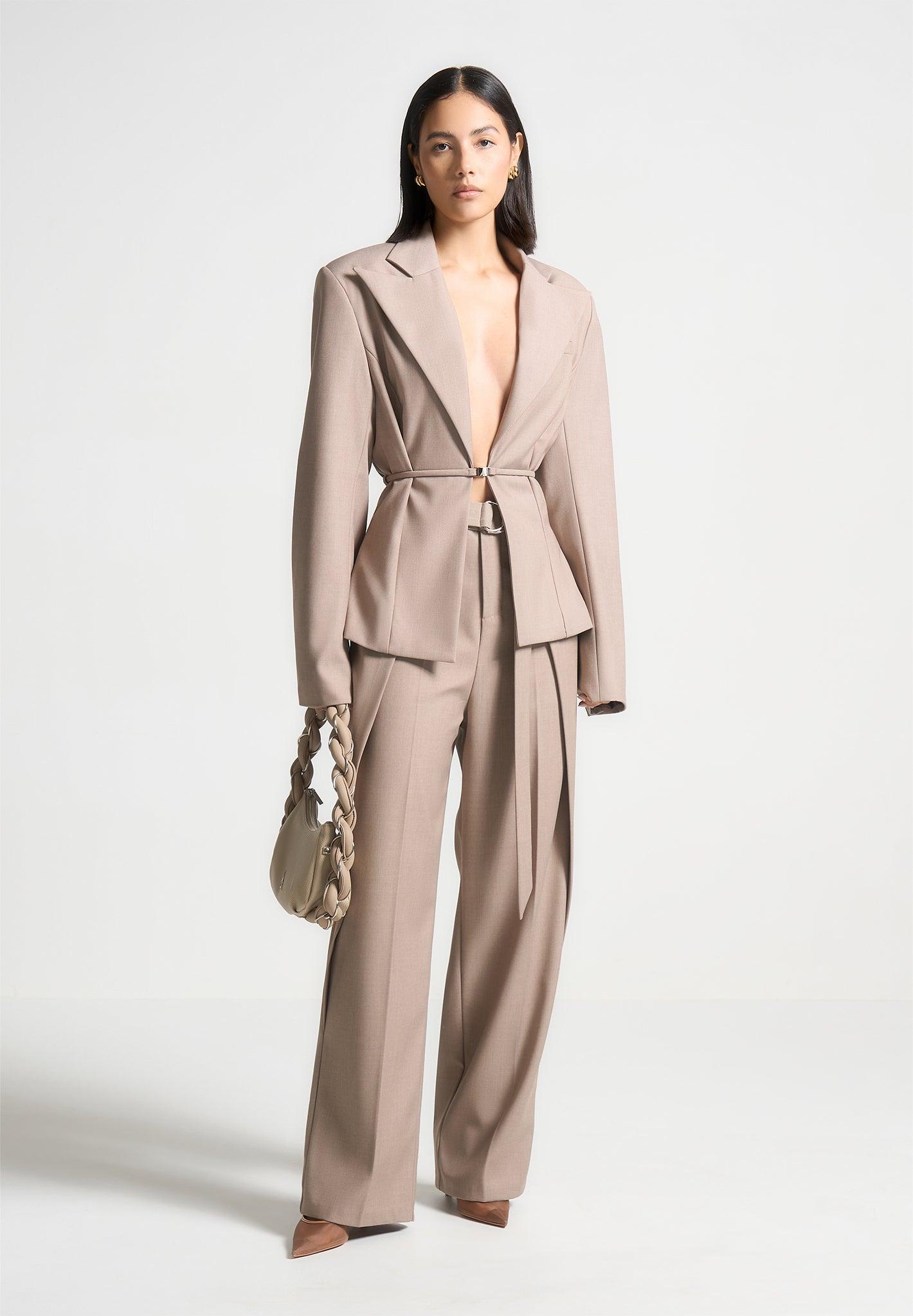 Wide Shoulder Tailored Blazer with Twin Belt - Taupe Female Product Image