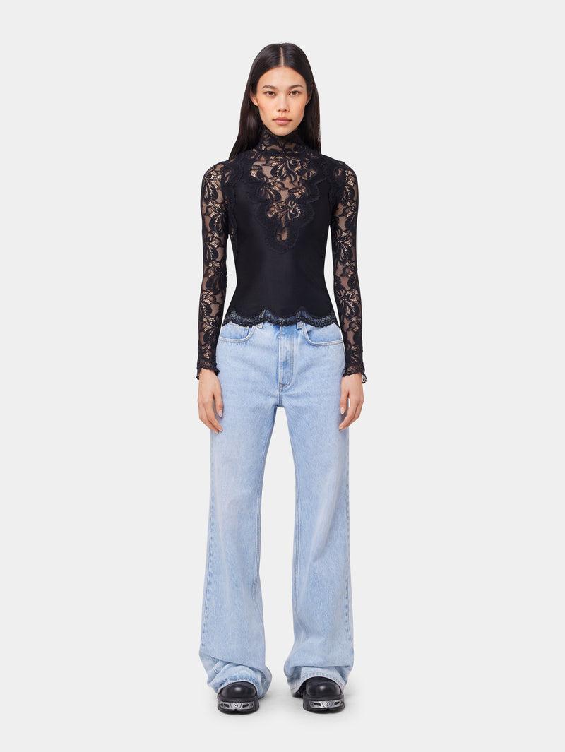 BLACK LONG SLEEVE TOP IN LACE AND JERSEY Product Image