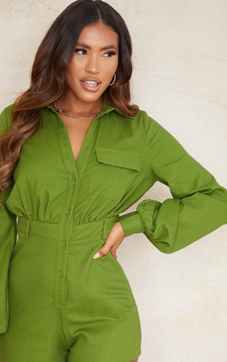 Olive Linen Look Shirt Romper Product Image