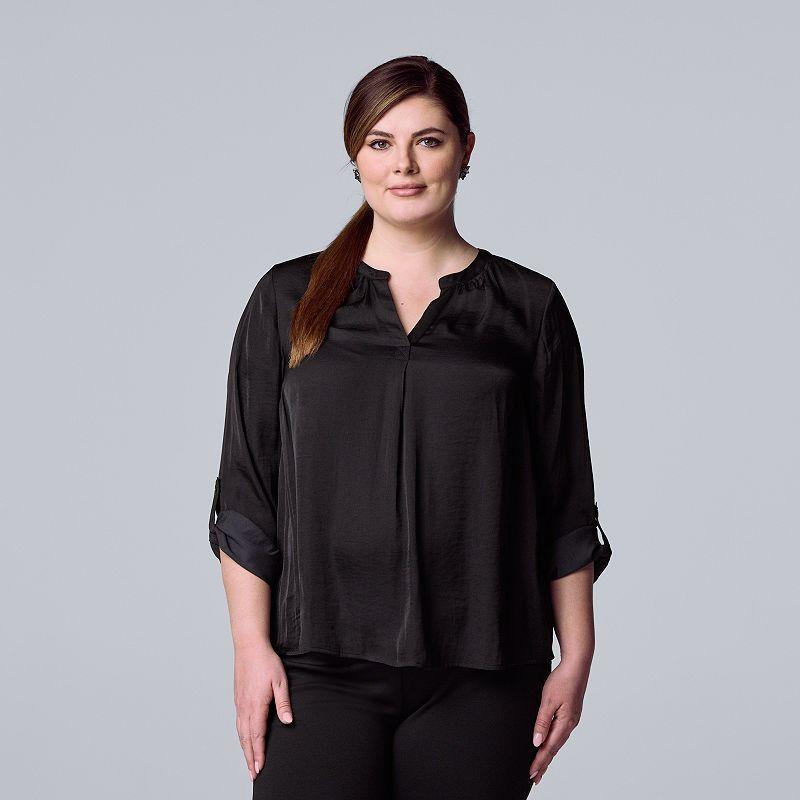 Plus Size Simply Vera Vera Wang Roll-Tab Popover Top, Womens Black Product Image