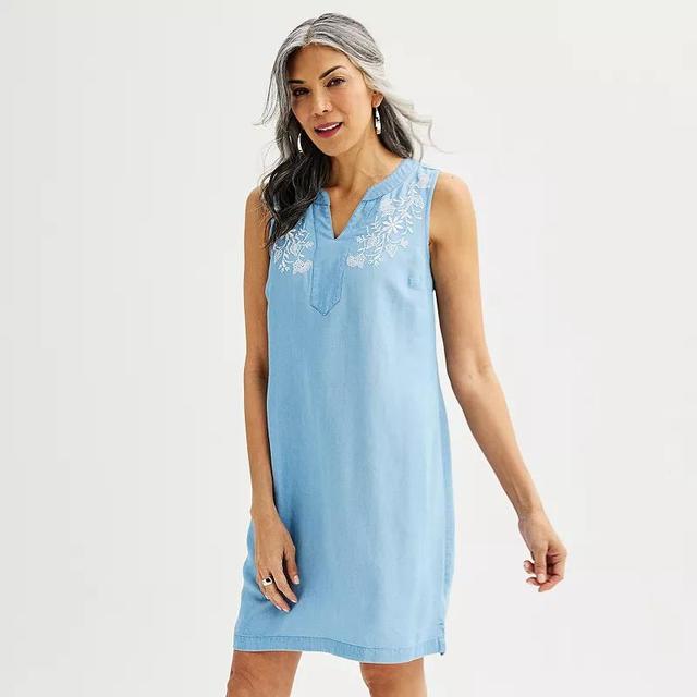 Womens Croft & Barrow Embroidered Splitneck Dress Light Blue Chambray Product Image