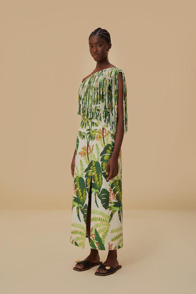 Tropical Forest Off-White Fringed Midi Dress Product Image