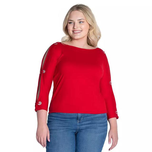 Plus Size 24Seven Comfort Apparel Boatneck 3/4-Sleeve Grommet Detailed Top, Womens Product Image