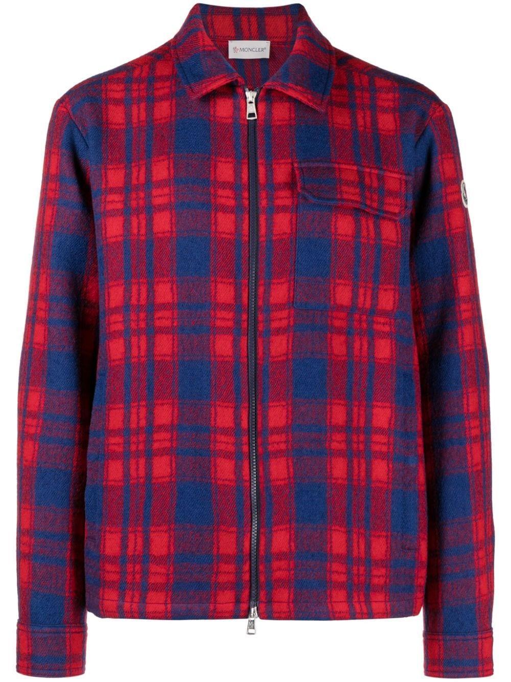 MONCLER Plaid Virgin Wool Flannel Zip Overshirt In Check Blue Red Product Image