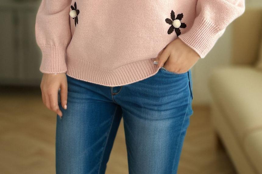 Crew Neck Floral Embroidered Pom Pom Sweater Product Image