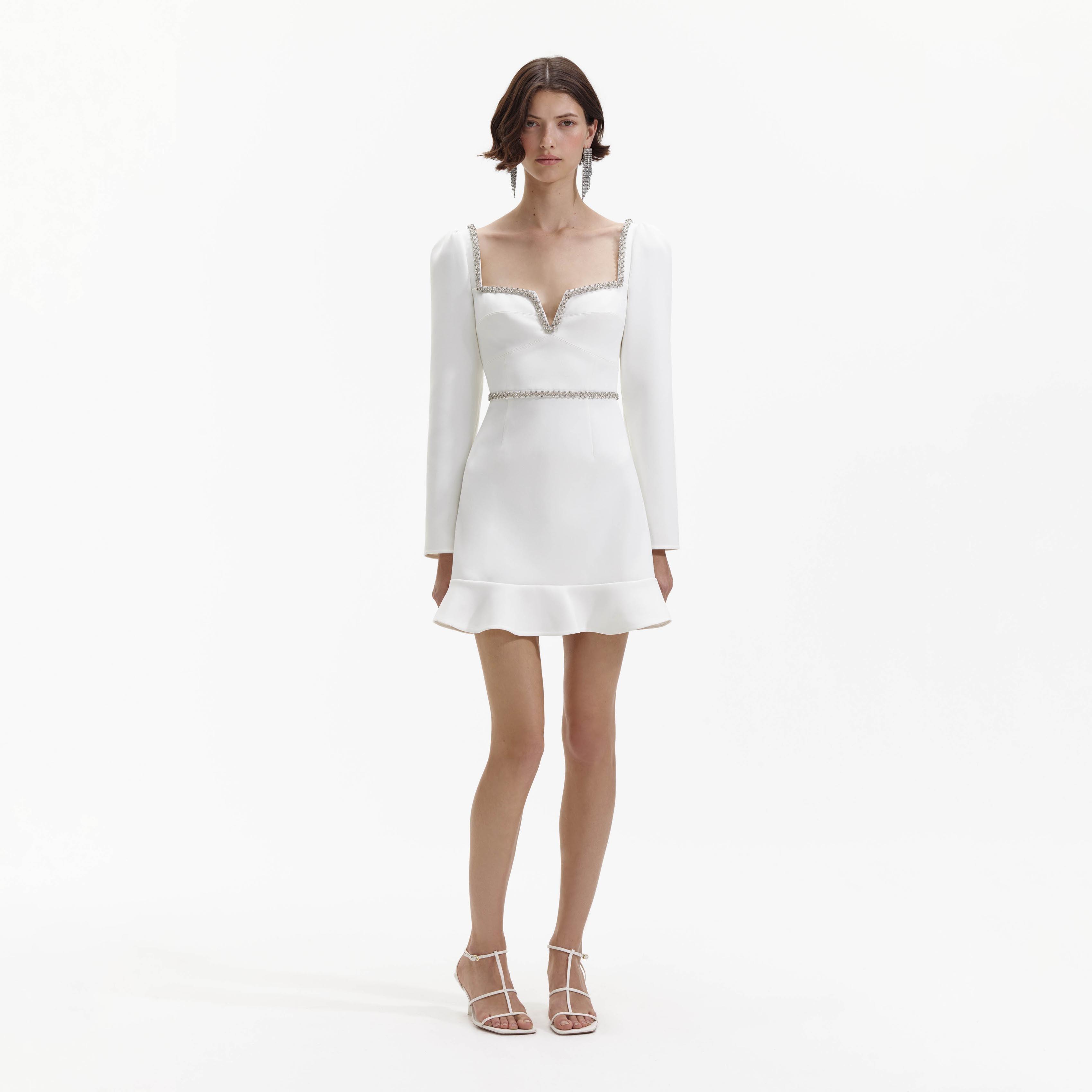 White Bonded Crepe Long Sleeve Mini Dress Product Image