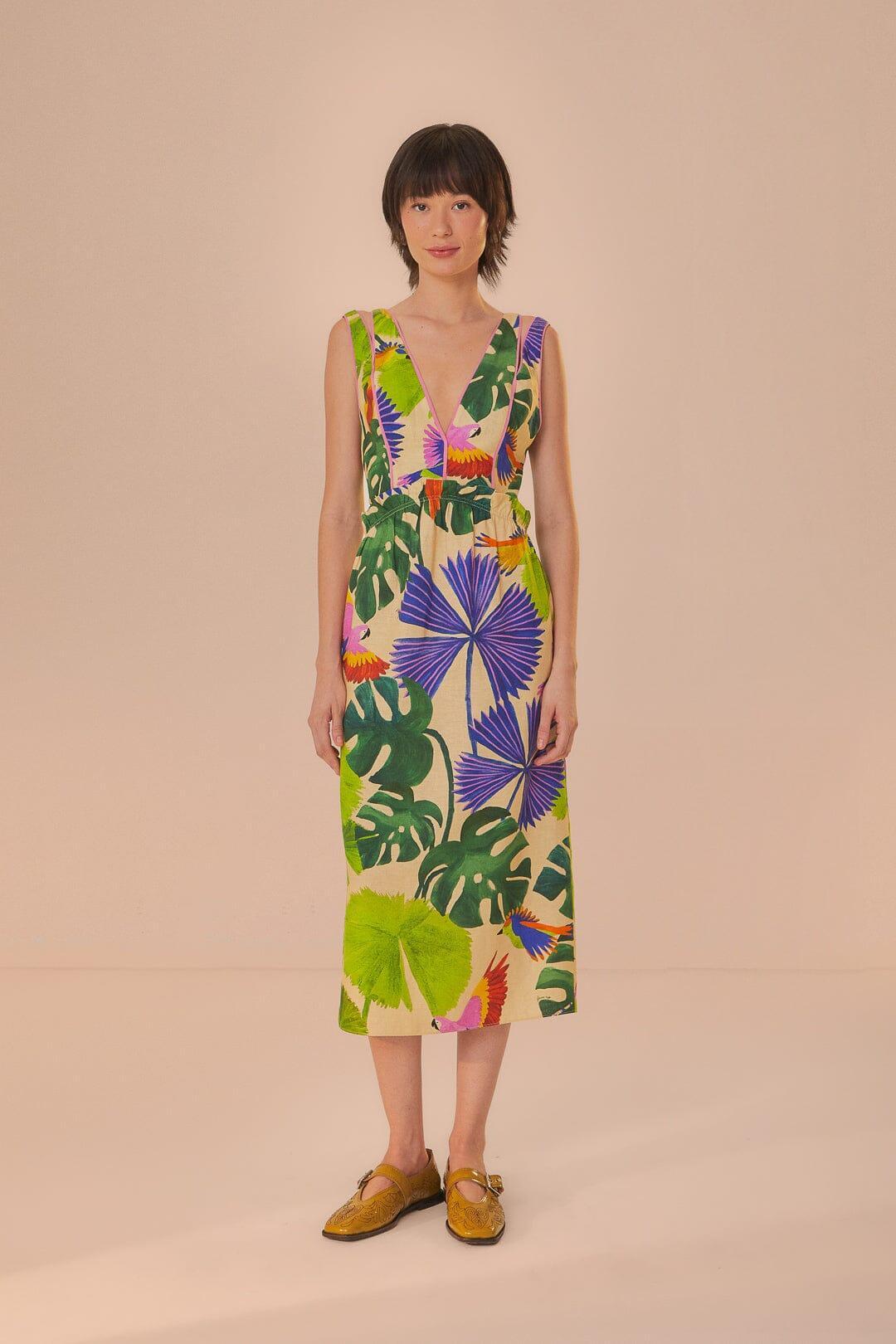 Sand Macaw Jungle V Neck Midi Dress, MACAW JUNGLE SAND / XS Product Image