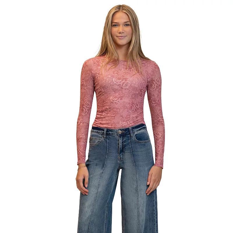 Juniors madden girl Long Sleeve Mesh Top, Womens Rose Pink Combo Product Image