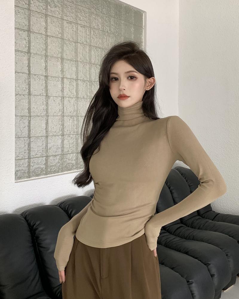 Long-Sleeve Turtleneck Plain Slim-Fit Top Product Image