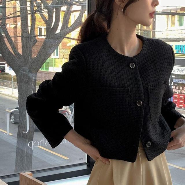 Round Neck Plain Tweed Crop Button Jacket Product Image