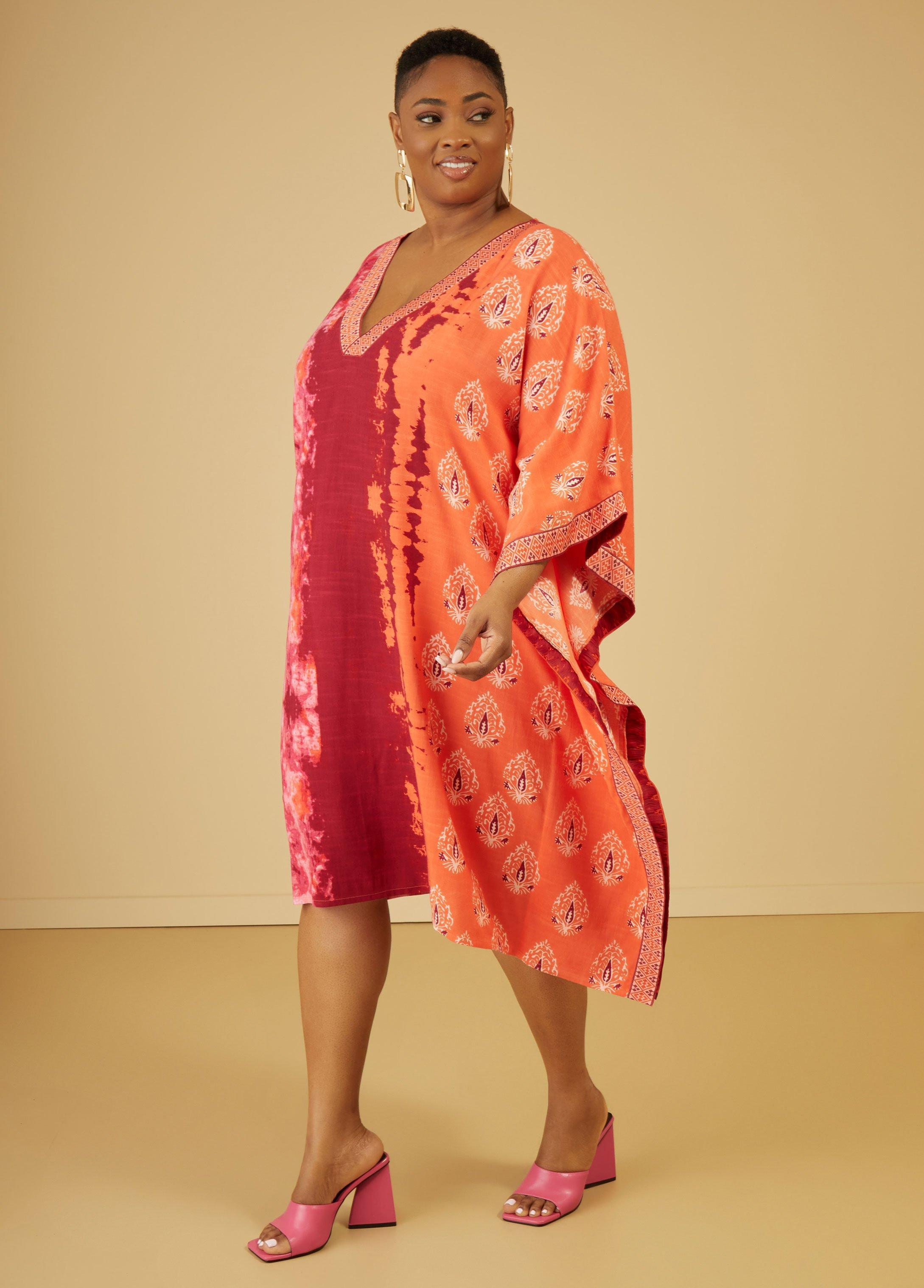 Plus Size Tie Dyed Embroidered Kaftan Dress, - Ashley Stewart Product Image