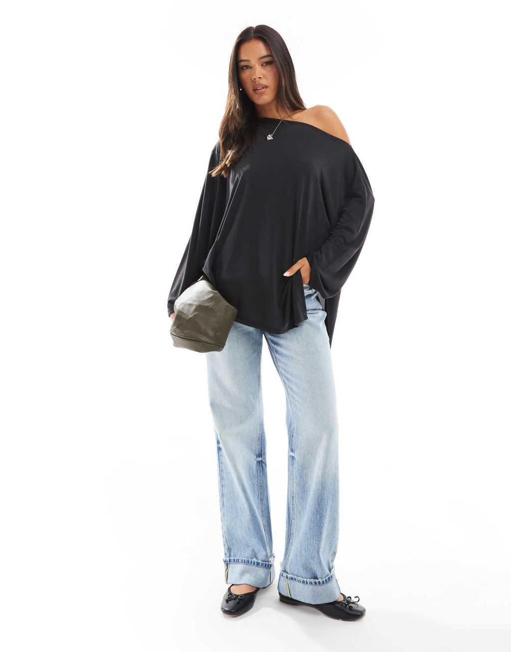 ASOS DESIGN relaxed modal off shoulder long sleeve T-shirt in gray Product Image