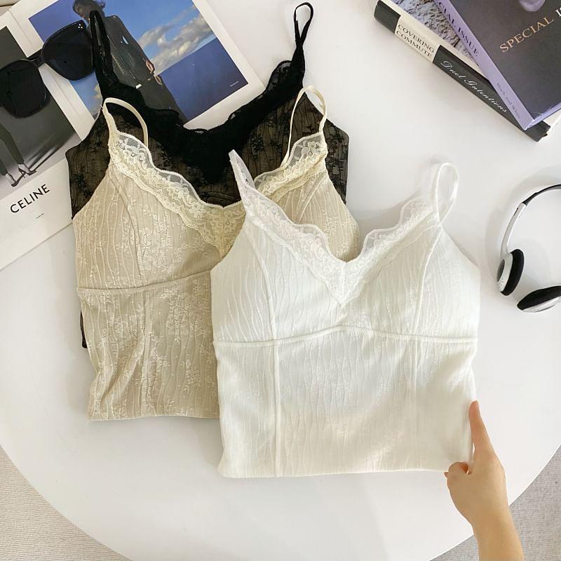 V-Neck Padded Lace Crop Camisole Top Product Image