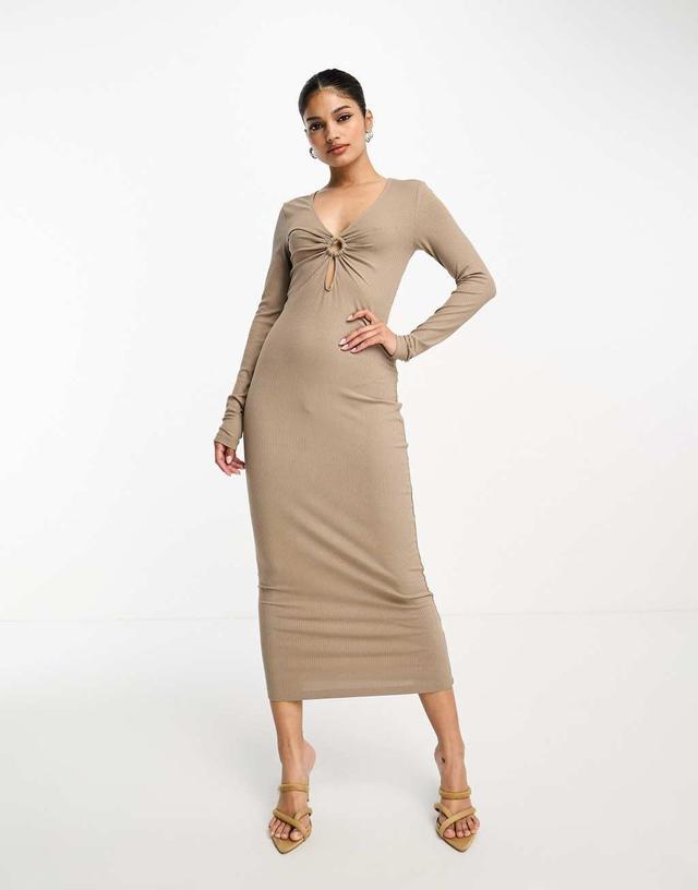 NA-KD ring detail cut out midi dress in beige Product Image