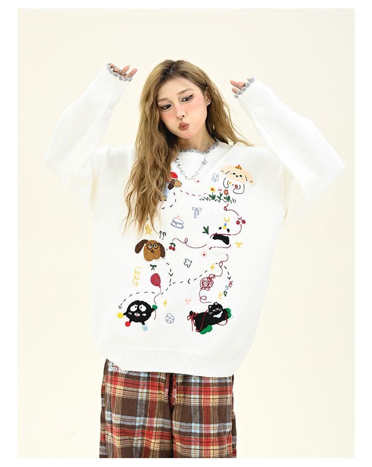 Drop Shoulder Crew Neck Cartoon Embroidered Oversized Sweater Product Image