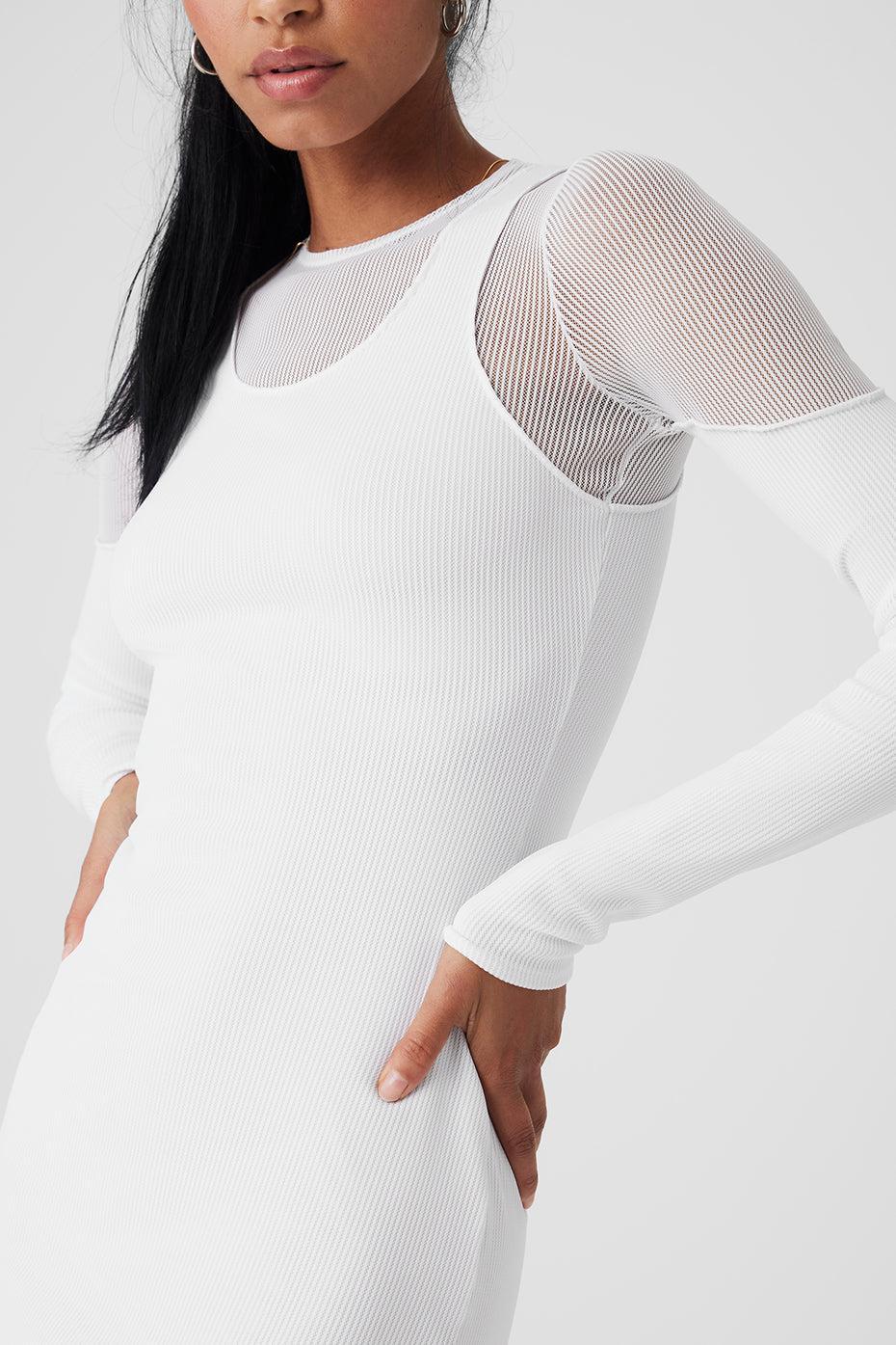 Striped Mesh Synergy Long Sleeve Dress - White Product Image