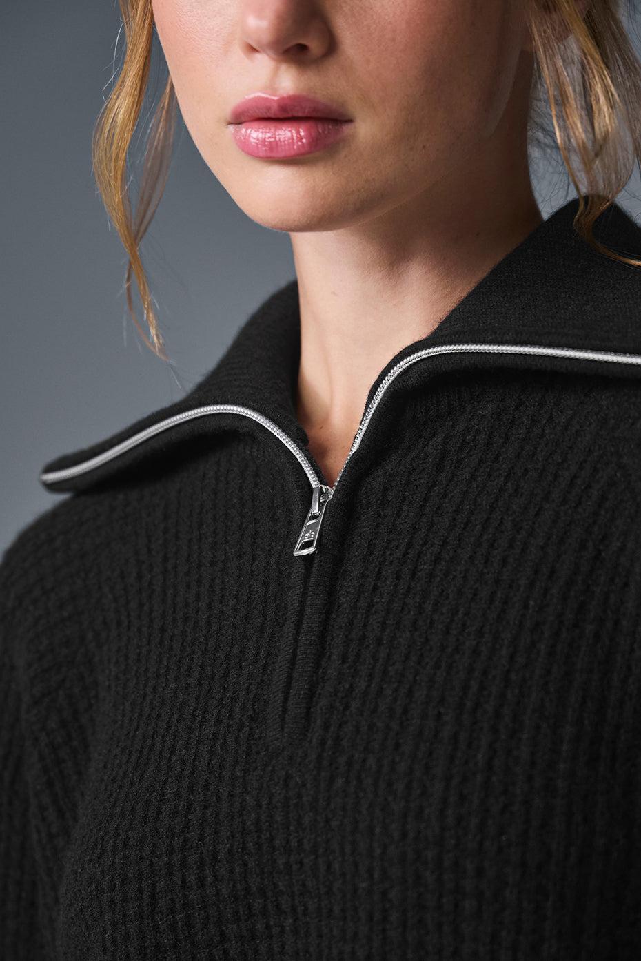 Cashmere Plush Waffle 1/4 Zip Pullover - Black Female Product Image