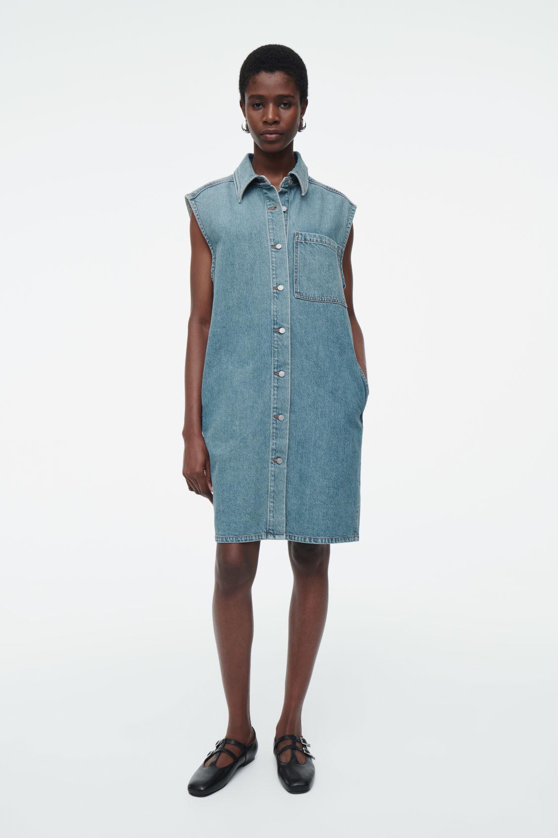 SLEEVELESS DENIM MINI SHIRT DRESS product image