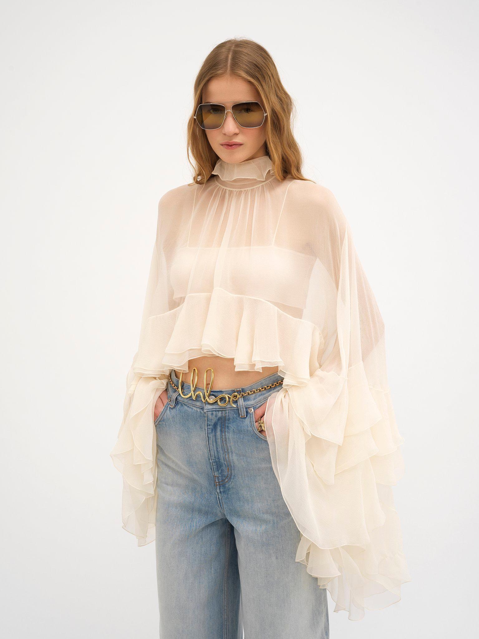 High-low ruffle top in silk mousseline Product Image