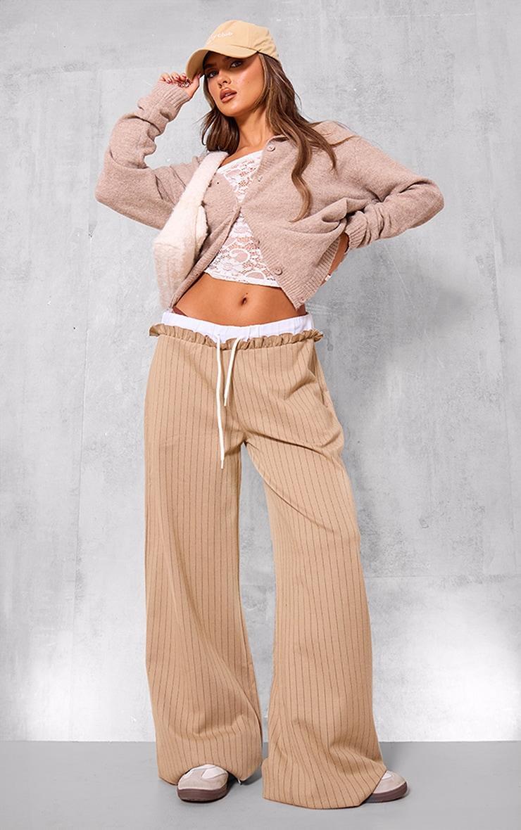 Beige Pinstripe Contrast Waistband Wide Leg Pants product image