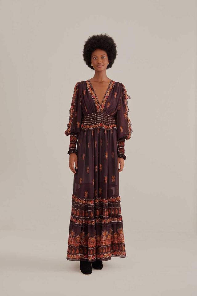 Brown Paisley Bloom Long Sleeve Maxi Dress, PASLEY BLOOM BROWN / XXS Product Image