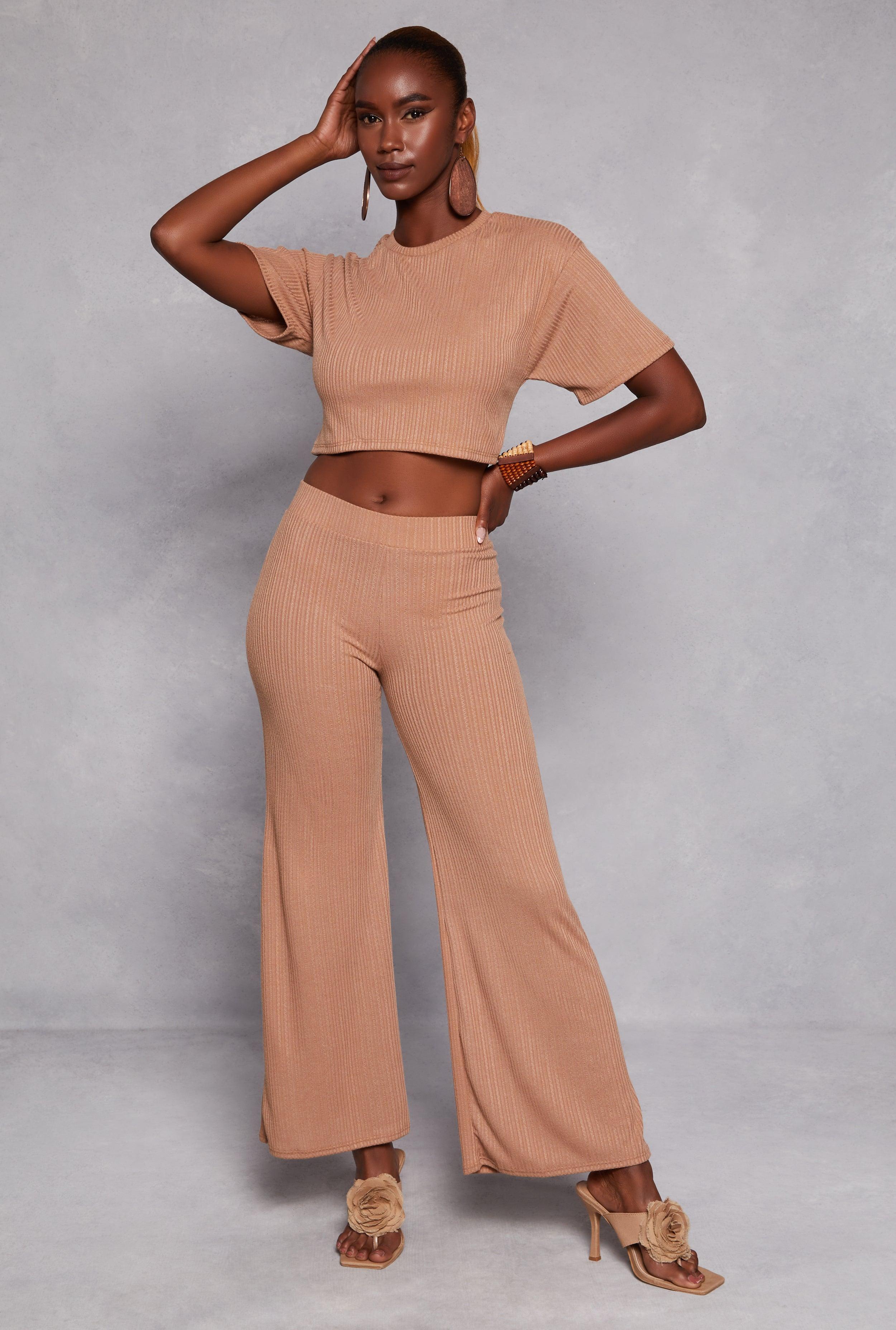 Womens Ribbed Knit High Waist Wide Leg Pants Product Image