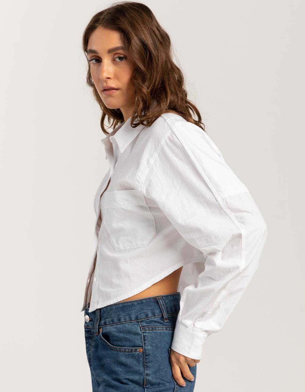 RSQ Womens Solid Crop Long Sleeve Button Up Shirt Product Image