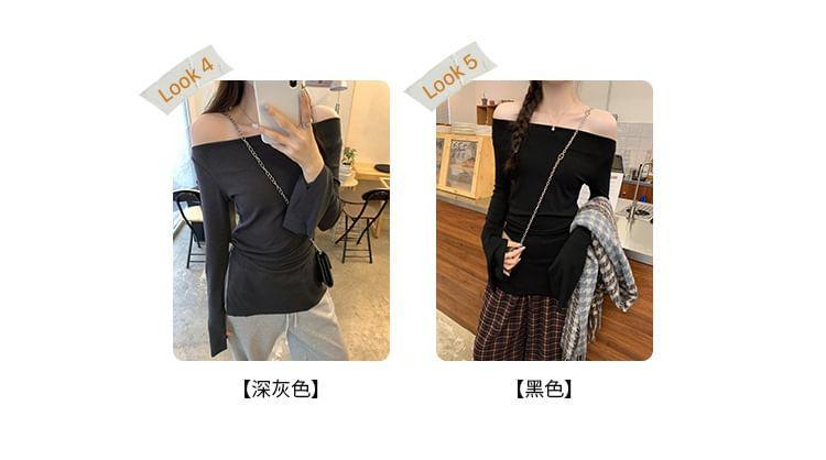 Long-Sleeve Off-Shoulder Plain Side-Slit T-Shirt Product Image