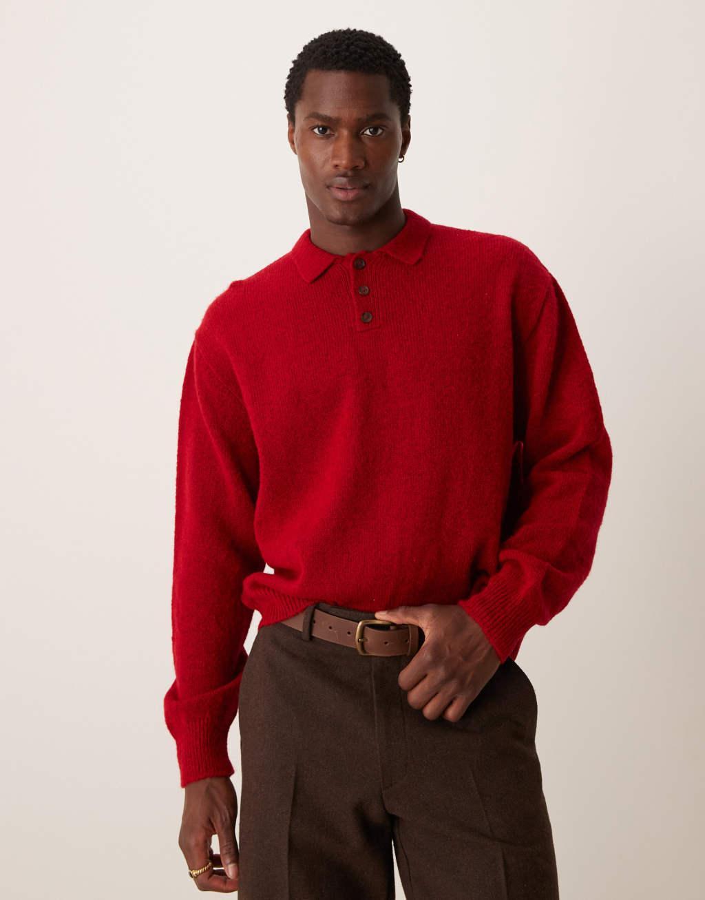 ASOS DESIGN oversized boxy fit brushed texture knit sweater in red Product Image