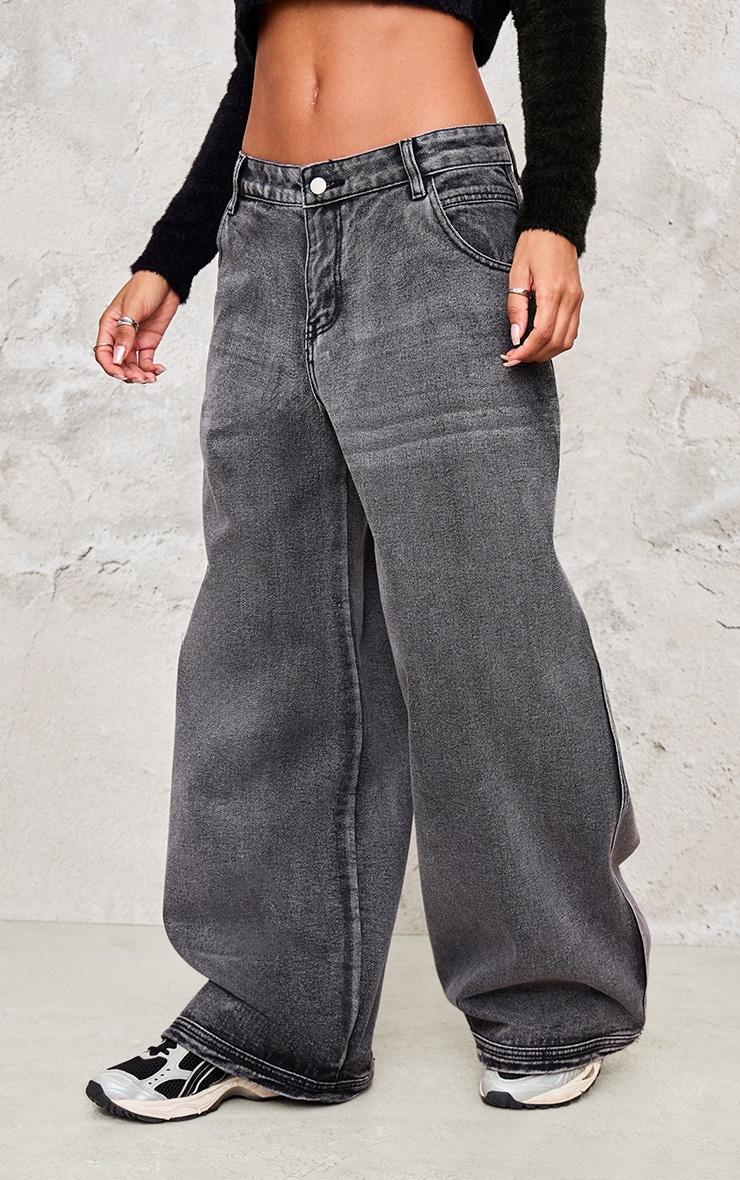 Charcoal Grey Acid Seam Detail Frayed Hem Wide Leg Jeans Product Image