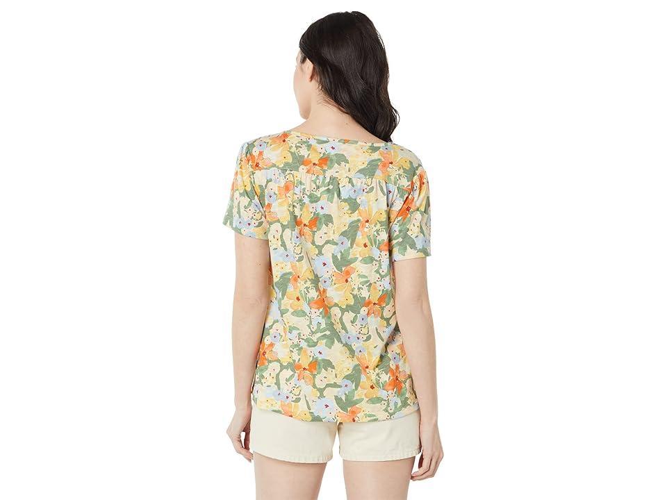 L.L.Bean Organic Cotton Smocked Notch Neck Tee Short Sleeve Print (Sunset Gold Floral) Women's Sweater Product Image