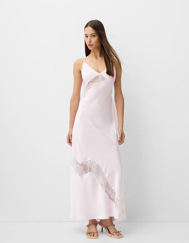 Lace-trimmed satin midi dress with straps Product Image