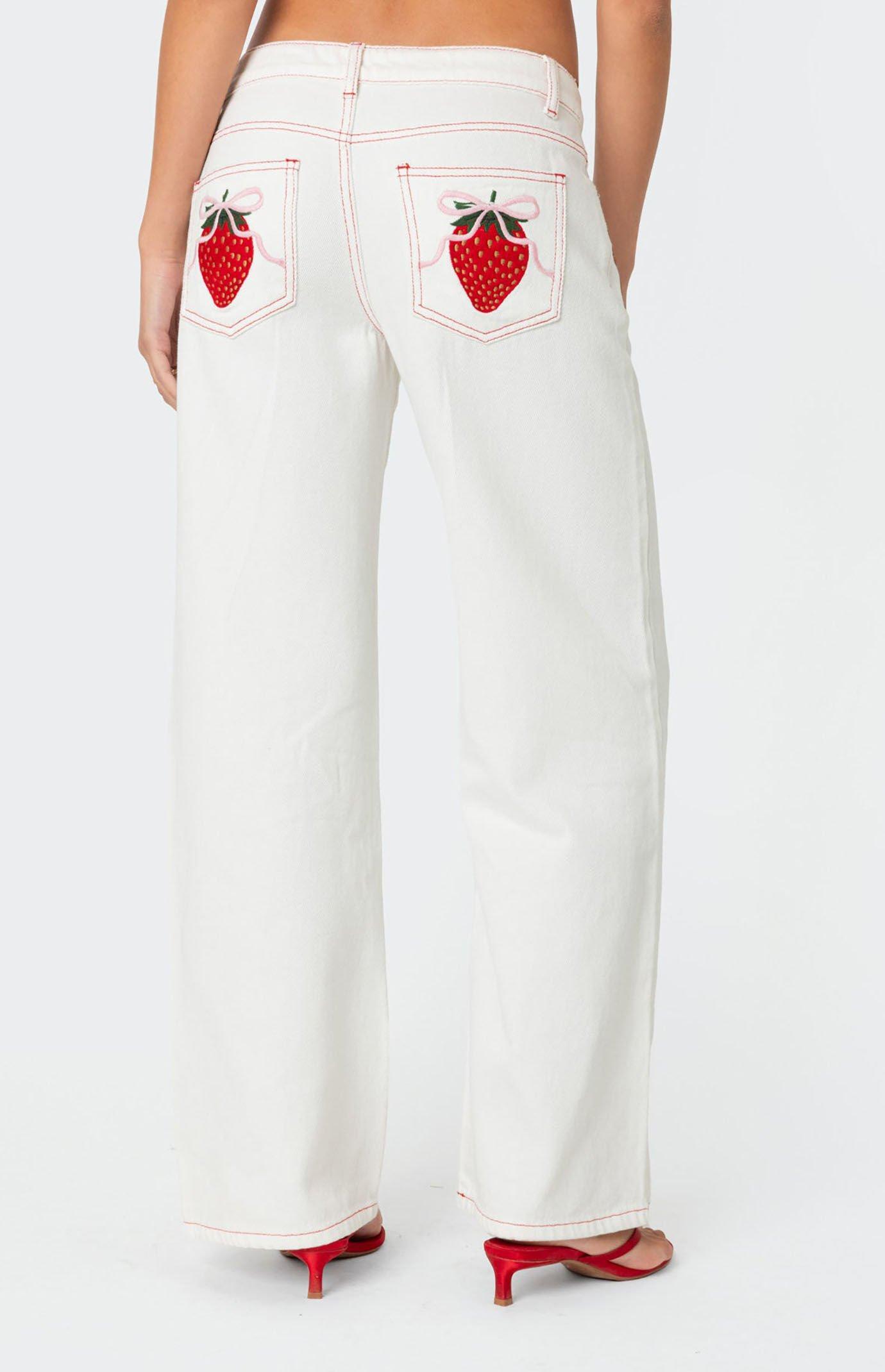 Edikted Women's Strawberry Bow Pocket Jeans Product Image