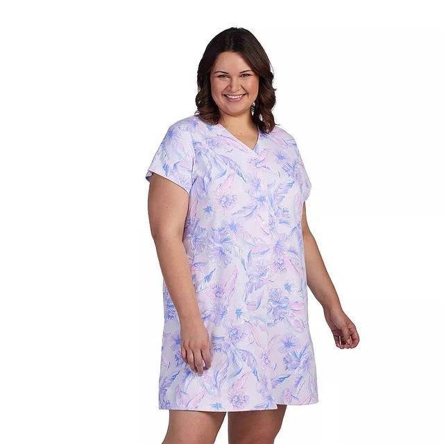 Plus Size Miss Elaine Essentials Interlock Knit Short Snap Robe, Womens Purple Tropical Product Image