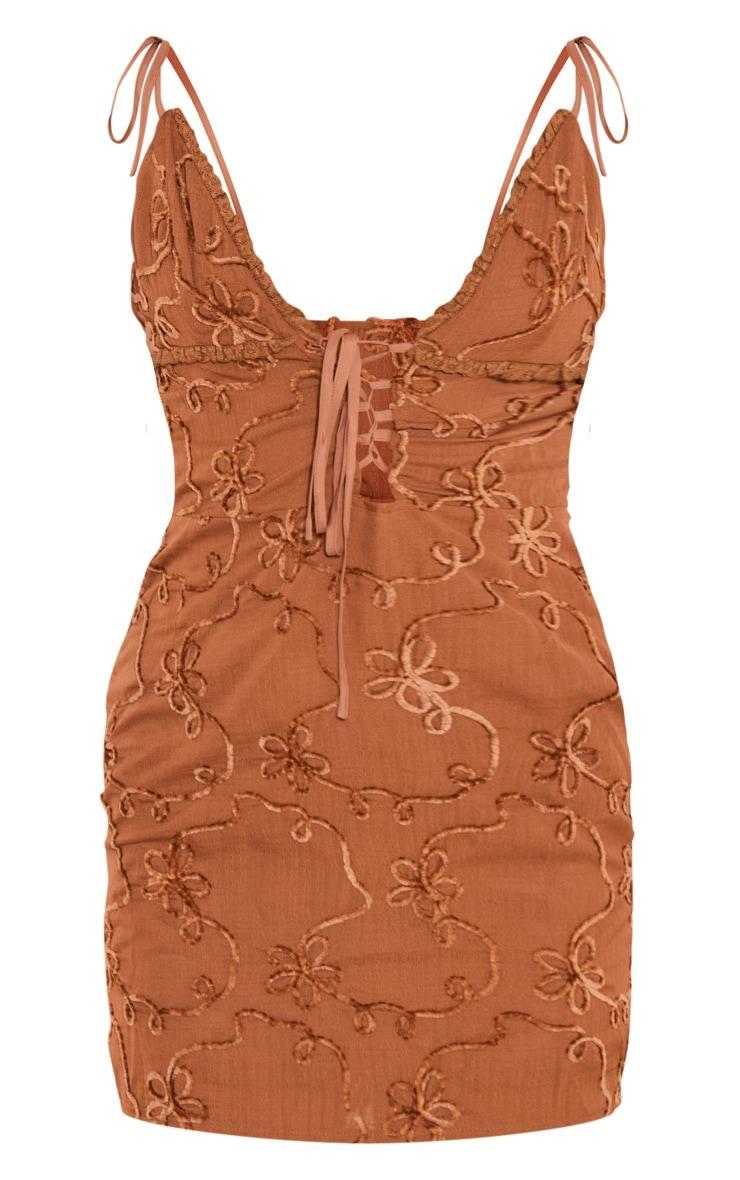 Chocolate Floral Soft Textured Lace Up Plunge Shift Dress Product Image